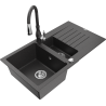 Mexen Matias 1.5-compartment granite sink with a drip tray and kitchen mixer tap Savita, spotted black - 6502-76-672601-76