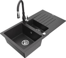 Mexen Matias 1.5-compartment granite sink with a drip tray and kitchen mixer tap Savita, spotted black - 6502-76-672601-76