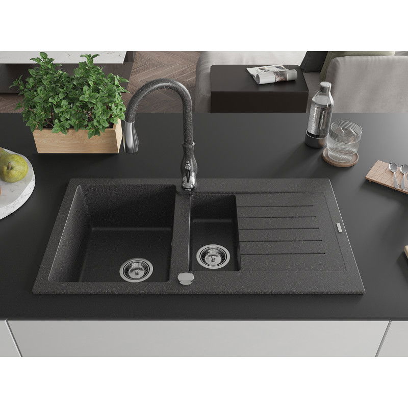 Mexen Matias granite sink, 1.5-bowl with drainer and Savita kitchen tap, black speckled - 6502-76-672601-76
