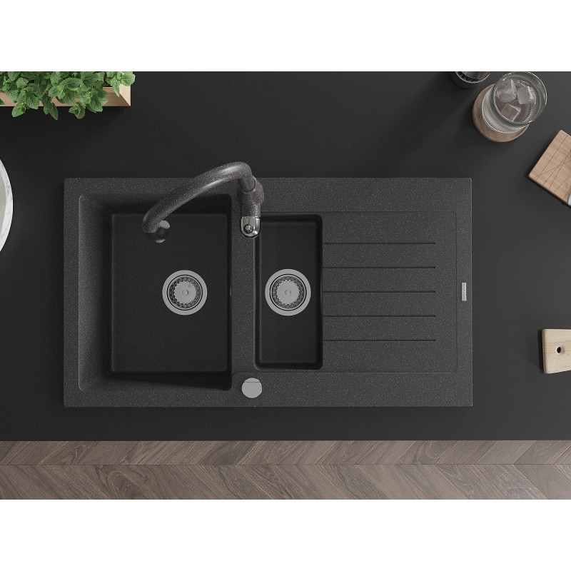 Mexen Matias granite kitchen sink 1.5-bowl with drainer and Savita kitchen faucet, black spotted - 6502-76-672601-76