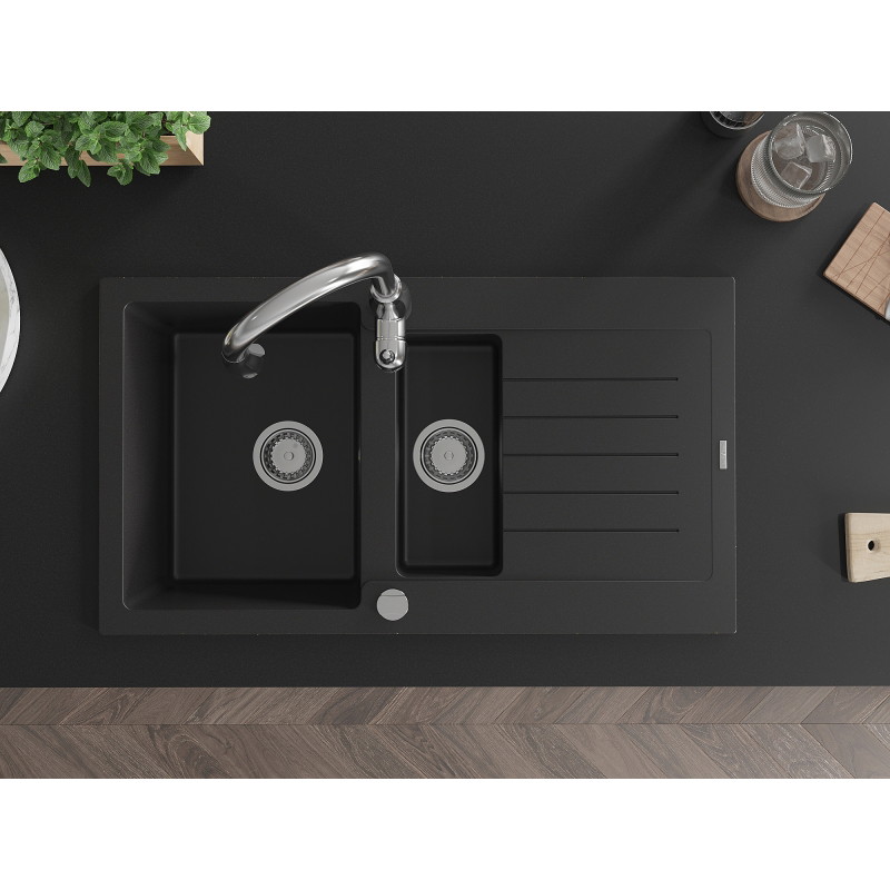 Mexen Matias 1.5-bowl granite sink with drainer and Savita kitchen faucet, black - 6502-77-672601-00