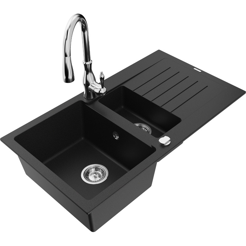 Mexen Matias 1.5-bowl granite sink with drainer and Savita kitchen faucet, black - 6502-77-672601-00