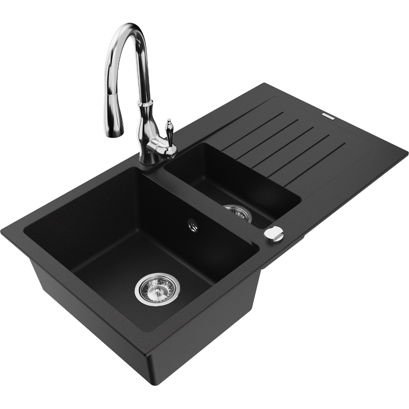 Mexen Matias 1.5-compartment granite sink with a drip tray and kitchen mixer tap Savita, Black - 6502-77-672601-00