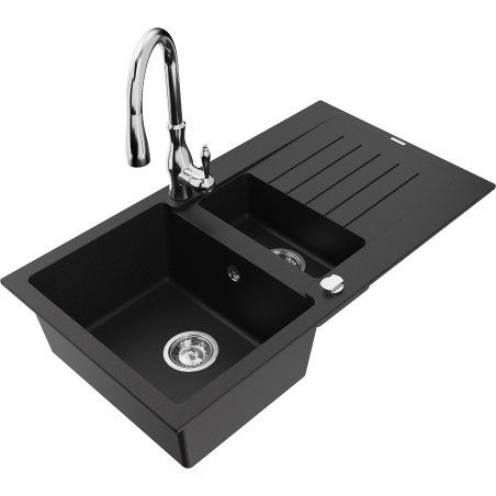 Mexen Matias 1.5-compartment granite sink with a drip tray and kitchen mixer tap Savita, Black - 6502-77-672601-00