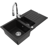 Mexen Matias 1.5-compartment granite sink with a drip tray and kitchen mixer tap Savita, Black - 6502-77-672601-00