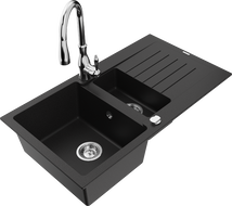 Mexen Matias 1.5-compartment granite sink with a drip tray and kitchen mixer tap Savita, Black - 6502-77-672601-00