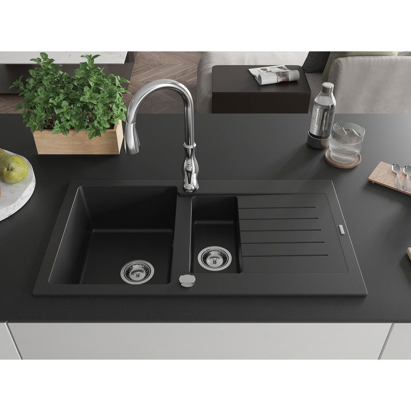 Mexen Matias granite sink 1.5-bowl with drainer and Savita kitchen tap, black - 6502-77-672601-00