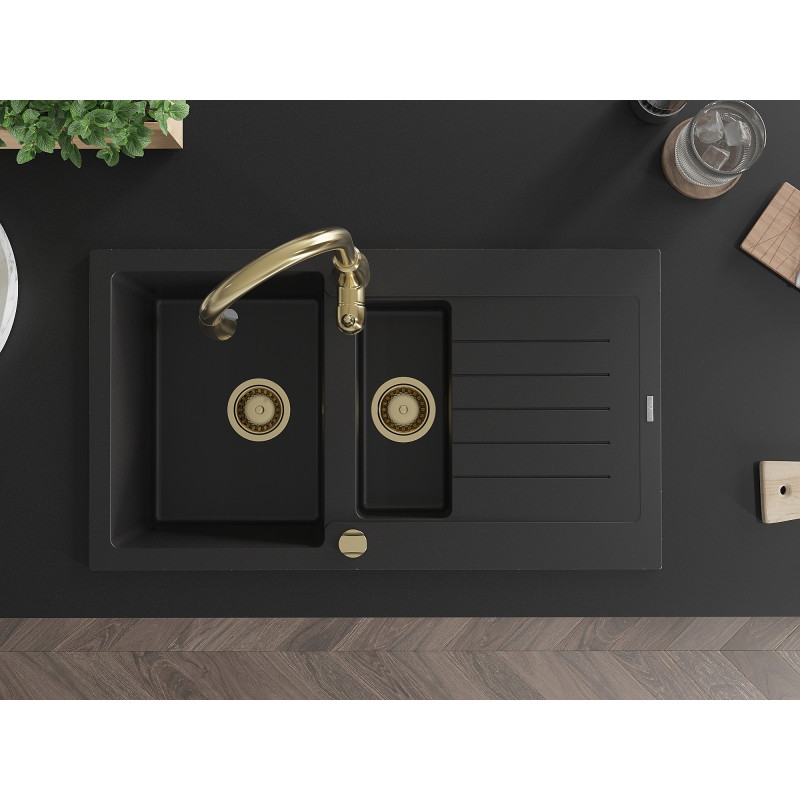 Mexen Matias 1.5-Bowl Granite Sink with Drainer and Savita Kitchen Faucet, Black - 6502-77-672601-50