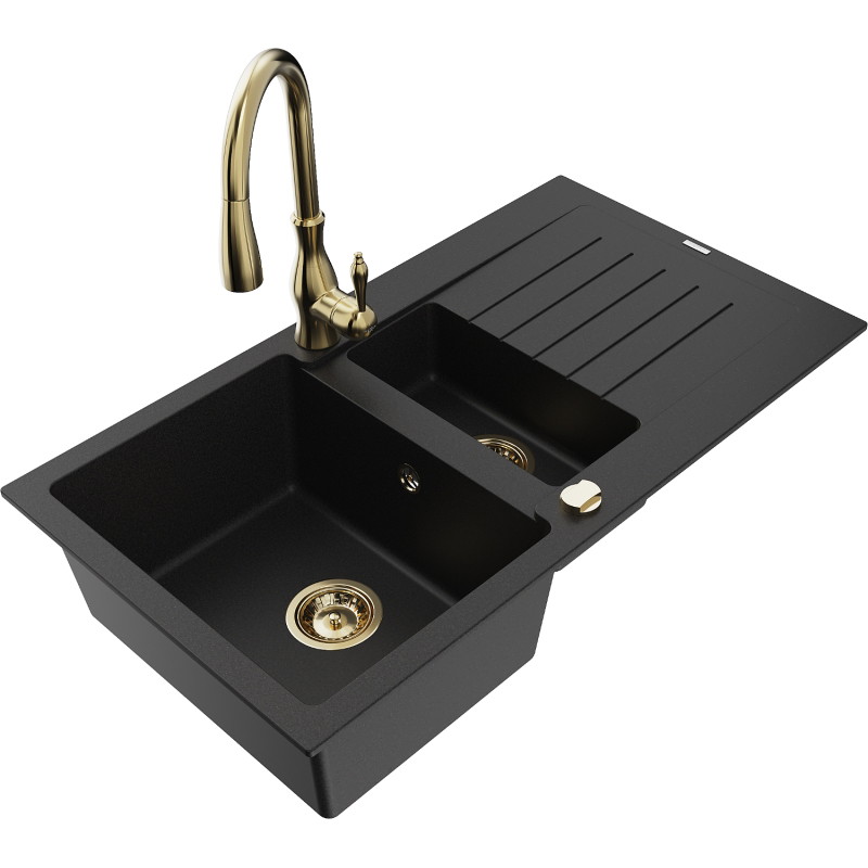 Mexen Matias 1.5-Bowl Granite Sink with Drainer and Savita Kitchen Faucet, Black - 6502-77-672601-50