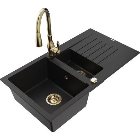 Mexen Matias granite sink 1.5-bowl with drainer and Savita kitchen tap, black - 6502-77-672601-50