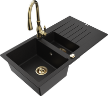 Mexen Matias 1.5-compartment granite sink with a drip tray and kitchen mixer tap Savita, Black - 6502-77-672601-50