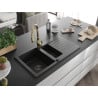Mexen Matias granite sink 1.5-bowl with drainer and Savita kitchen faucet, black - 6502-77-672601-50-B