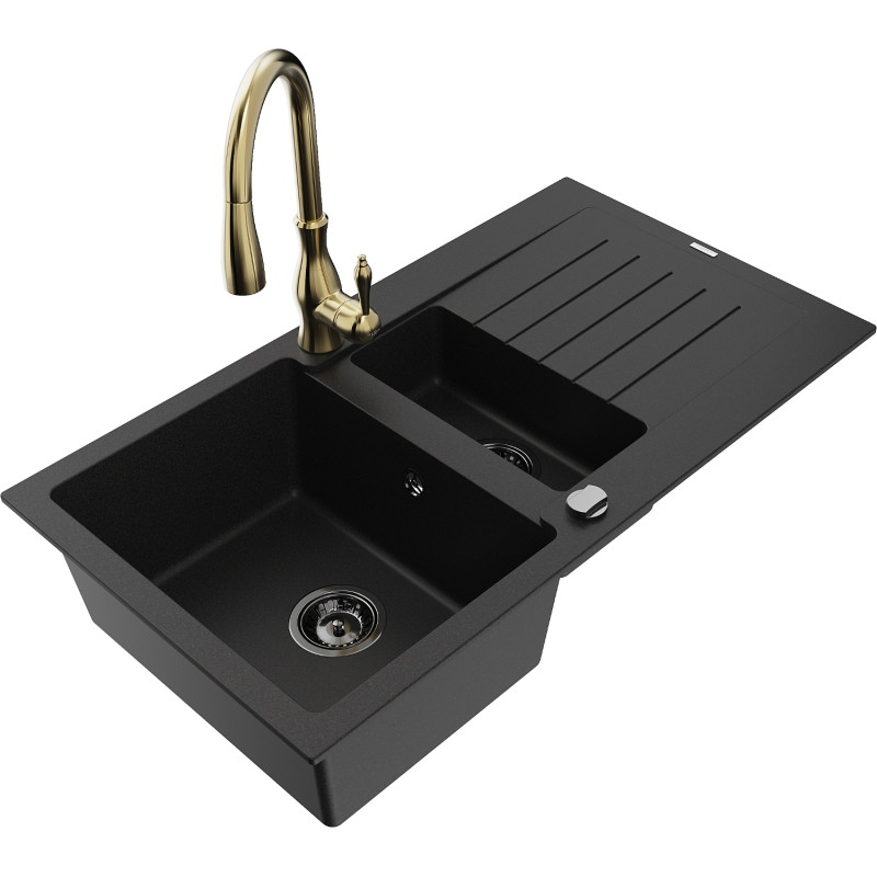 Mexen Matias 1.5-bowl granite sink with drainer and Savita kitchen faucet, black - 6502-77-672601-50-B