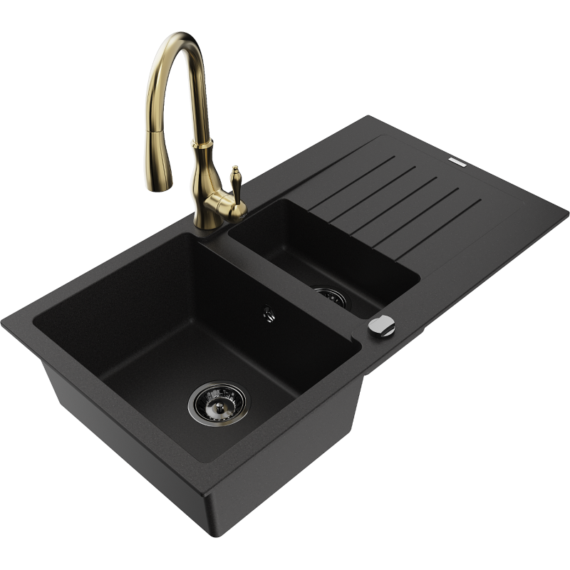 Mexen Matias granite sink 1.5-bowl with drainer and Savita kitchen faucet, black - 6502-77-672601-50-B