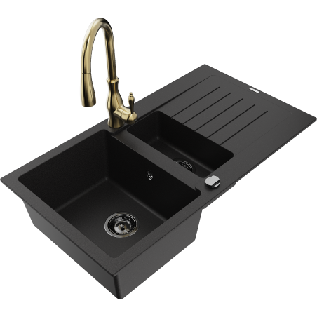 Mexen Matias 1.5-compartment granite sink with a drip tray and kitchen mixer tap Savita, Black - 6502-77-672601-50-B