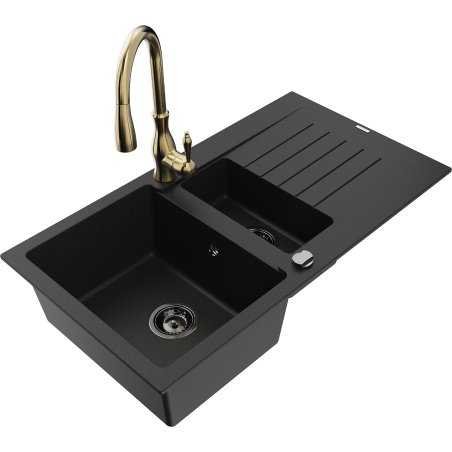 Mexen Matias granite sink 1.5-bowl with drainer and Savita kitchen faucet, black - 6502-77-672601-50-B
