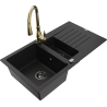 Mexen Matias 1.5-compartment granite sink with a drip tray and kitchen mixer tap Savita, Black - 6502-77-672601-50-B