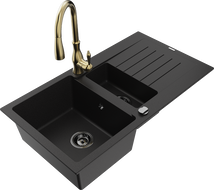 Mexen Matias 1.5-compartment granite sink with a drip tray and kitchen mixer tap Savita, Black - 6502-77-672601-50-B