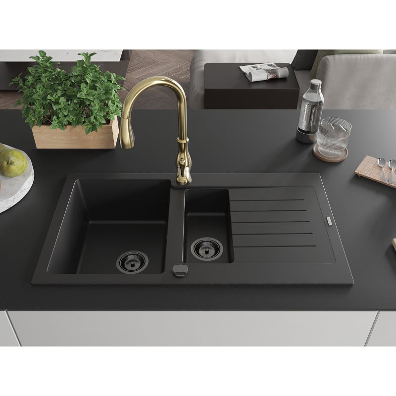 Mexen Matias granite sink 1.5-bowl with drainer and Savita kitchen faucet, black - 6502-77-672601-50-B