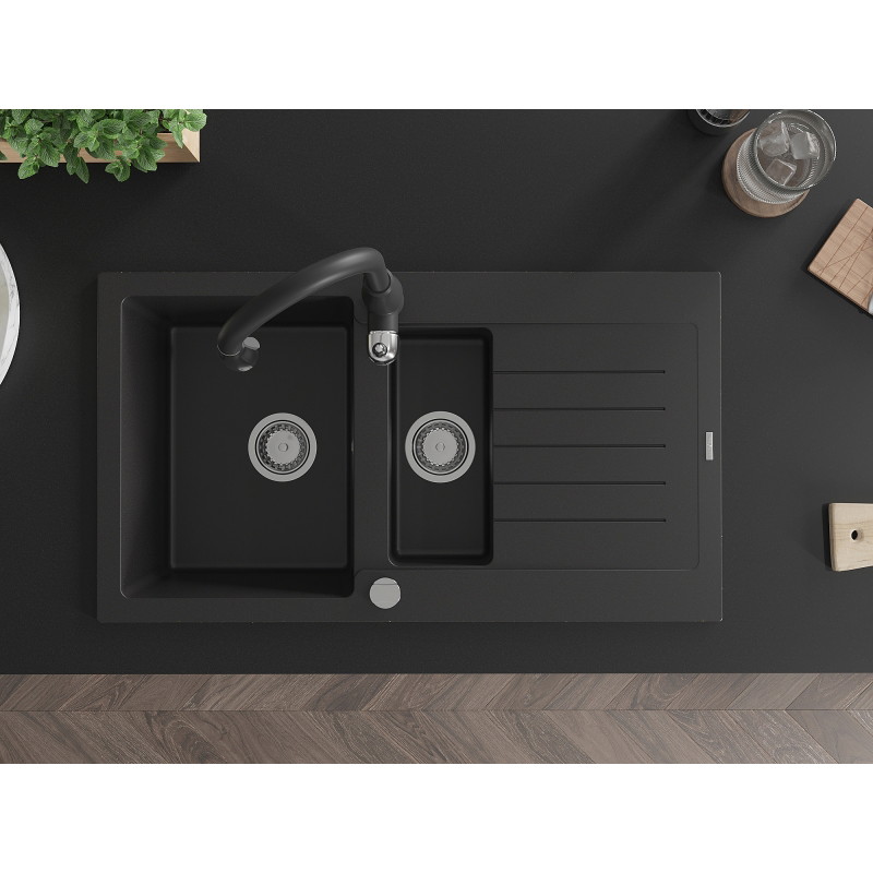 Mexen Matias granite kitchen sink 1.5-bowl with drainer and Savita kitchen faucet, black - 6502-77-672601-70