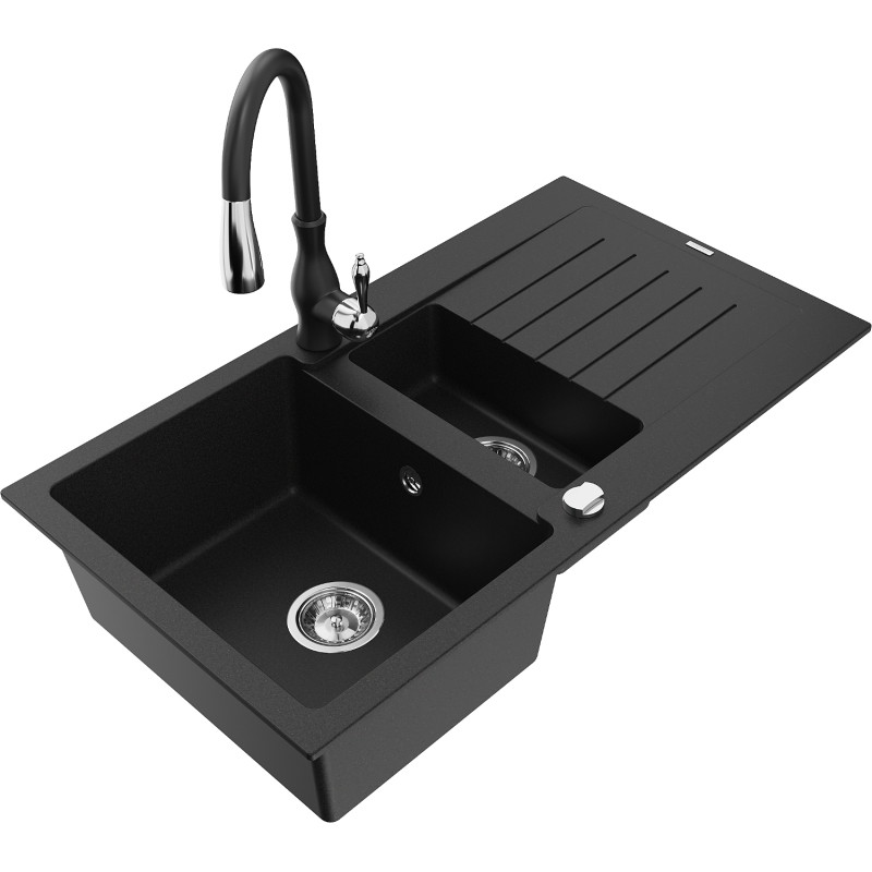 Mexen Matias granite kitchen sink 1.5-bowl with drainer and Savita kitchen faucet, black - 6502-77-672601-70