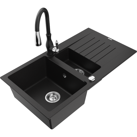 Mexen Matias granite kitchen sink 1.5-bowl with drainer and Savita kitchen faucet, black - 6502-77-672601-70