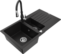 Mexen Matias granite sink 1.5-bowl with drainer and Savita kitchen tap, black - 6502-77-672601-70