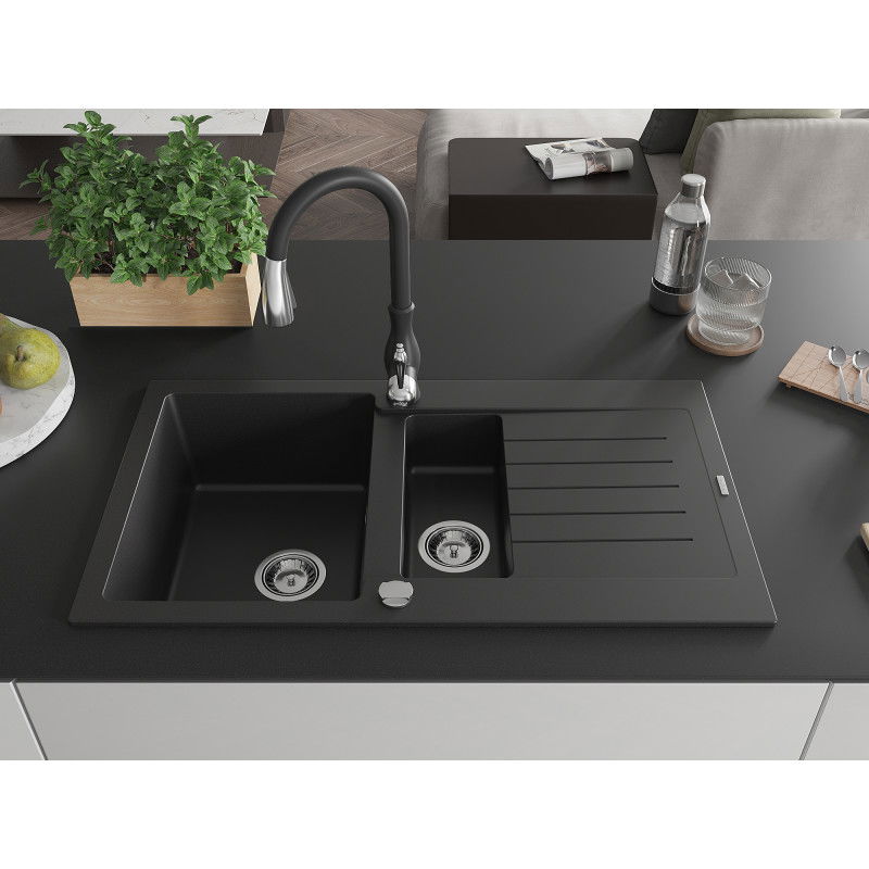 Mexen Matias granite sink 1.5-bowl with drainer and Savita kitchen tap, black - 6502-77-672601-70