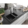 Mexen Matias granite sink 1.5-bowl with drainer and Savita kitchen tap, black - 6502-77-672601-70-B
