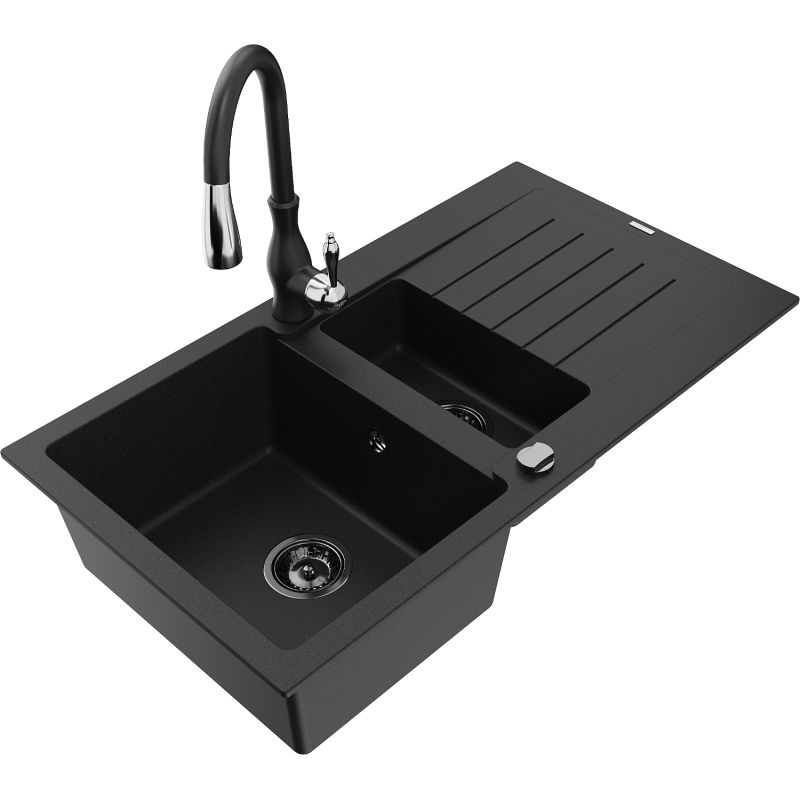 Mexen Matias 1.5-compartment granite sink with a drip tray and kitchen mixer tap Savita, Black - 6502-77-672601-70-B