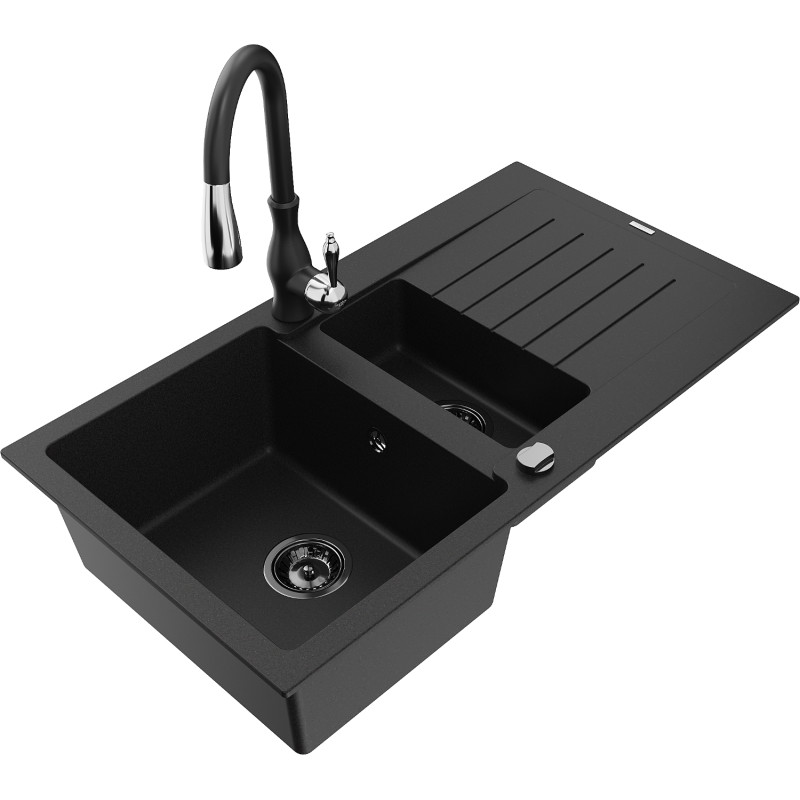 Mexen Matias granite sink 1.5-bowl with drainer and Savita kitchen faucet, black - 6502-77-672601-70-B