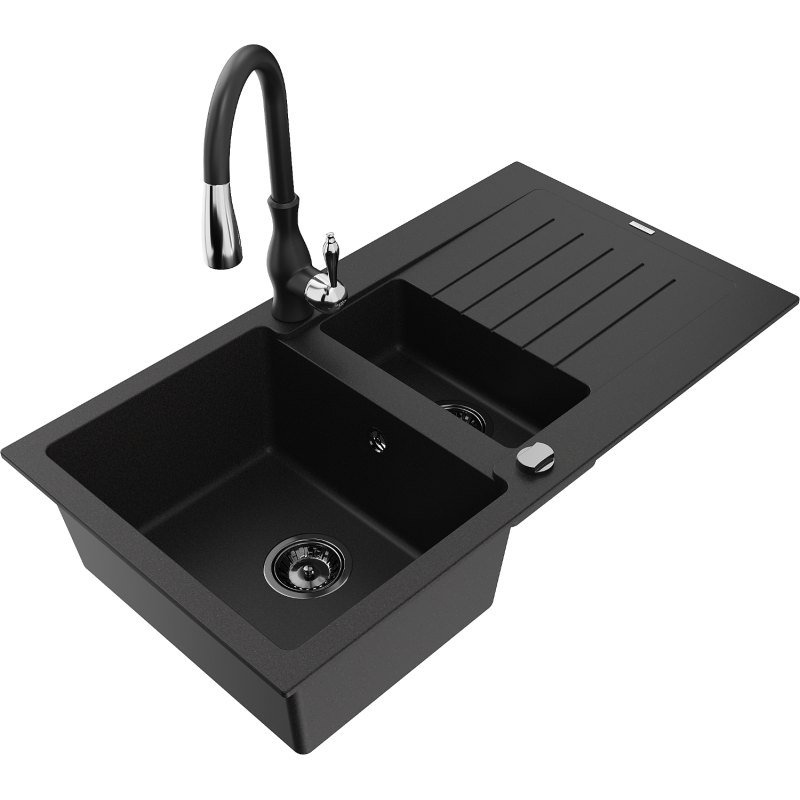 Mexen Matias granite sink 1.5-bowl with drainer and Savita kitchen tap, black - 6502-77-672601-70-B