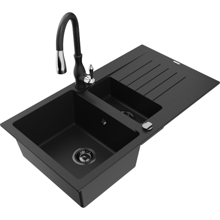 Mexen Matias granite sink 1.5-bowl with drainer and Savita kitchen faucet, black - 6502-77-672601-70-B
