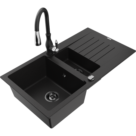 Mexen Matias granite sink 1.5-bowl with drainer and Savita kitchen tap, black - 6502-77-672601-70-B