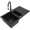 Mexen Matias granite sink 1.5-bowl with drainer and Savita kitchen faucet, black - 6502-77-672601-70-B