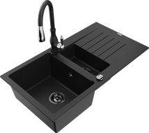 Mexen Matias 1.5-compartment granite sink with a drip tray and kitchen mixer tap Savita, Black - 6502-77-672601-70-B