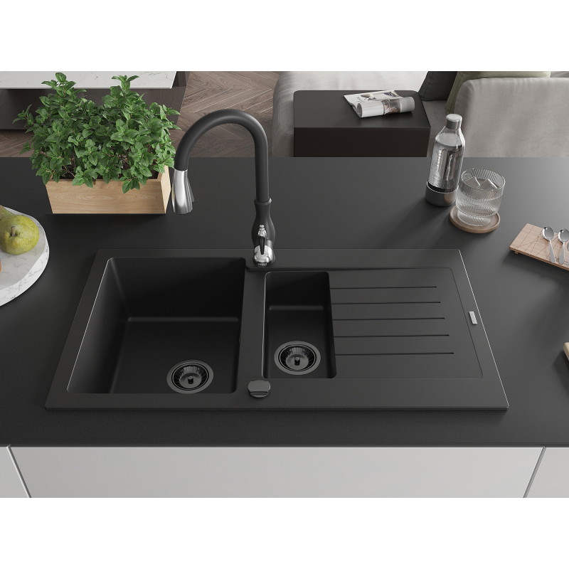 Mexen Matias granite sink 1.5-bowl with drainer and Savita kitchen faucet, black - 6502-77-672601-70-B