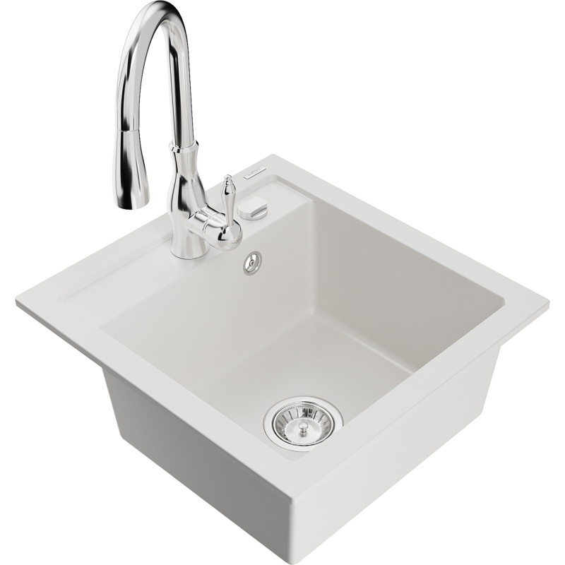 Mexen Vito granite kitchen sink 1-bowl with Savita faucet, white - 6503-20-672601-00