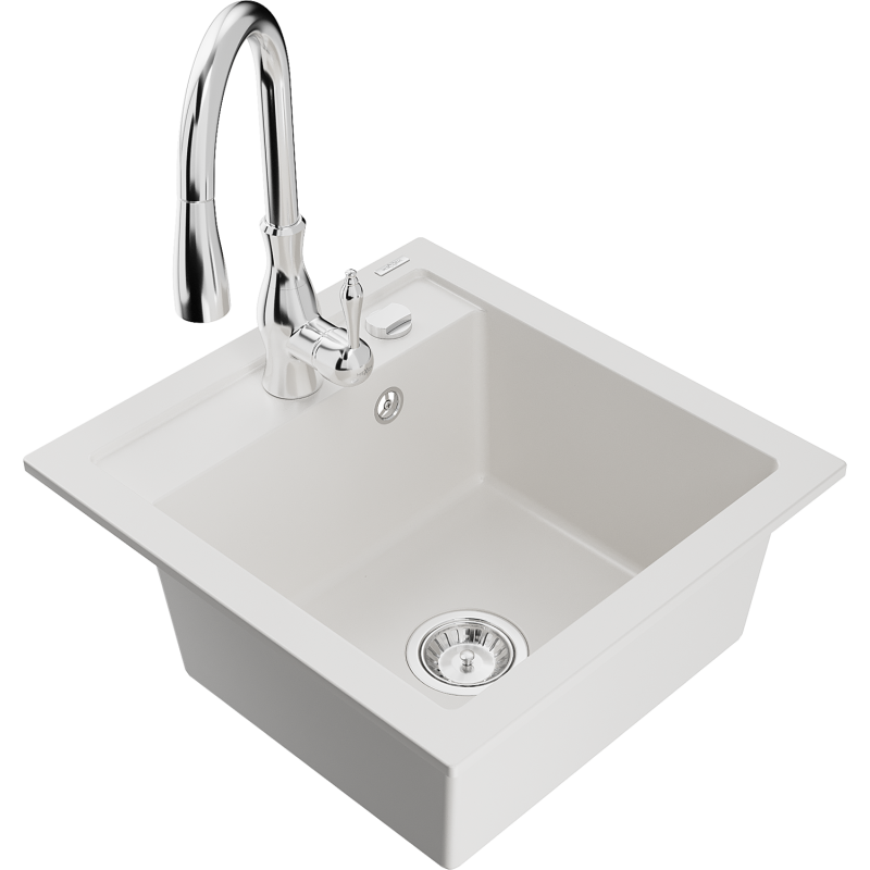 Mexen Vito Granite Kitchen Sink 1-Bowl with Savita Kitchen Tap, White - 6503-20-672601-00