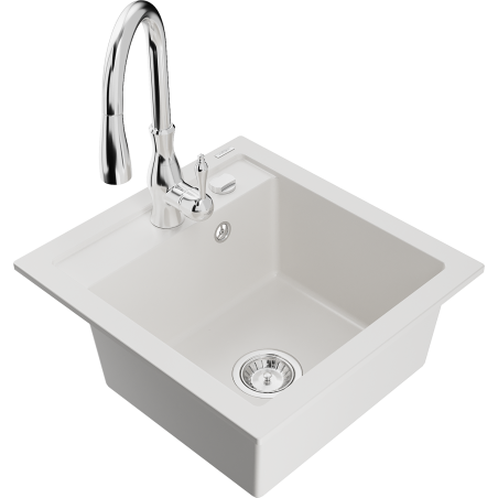 Mexen Vito 1-compartment granite sink with a kitchen mixer tap Savita, White - 6503-20-672601-00