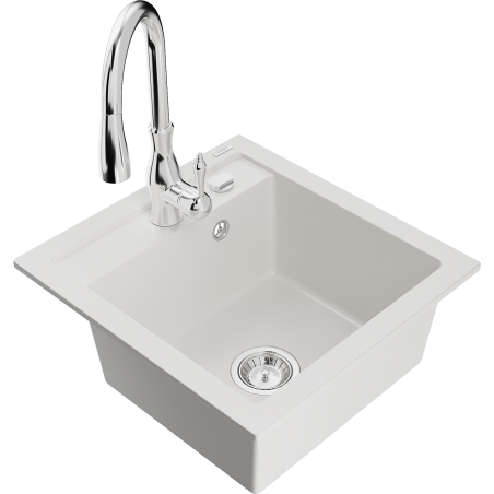 Mexen Vito Granite Kitchen Sink 1-Bowl with Savita Kitchen Tap, White - 6503-20-672601-00