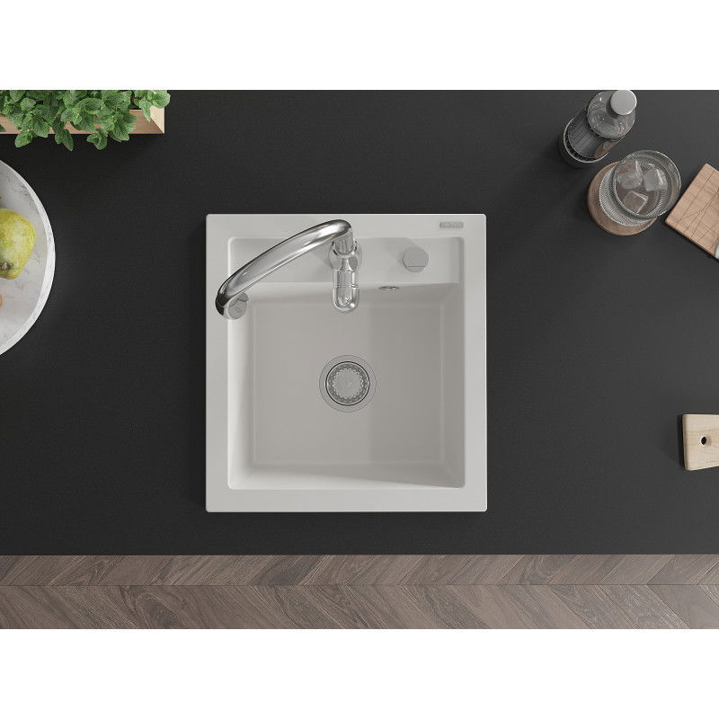 Mexen Vito Granite Kitchen Sink 1-Bowl with Savita Kitchen Tap, White - 6503-20-672601-00