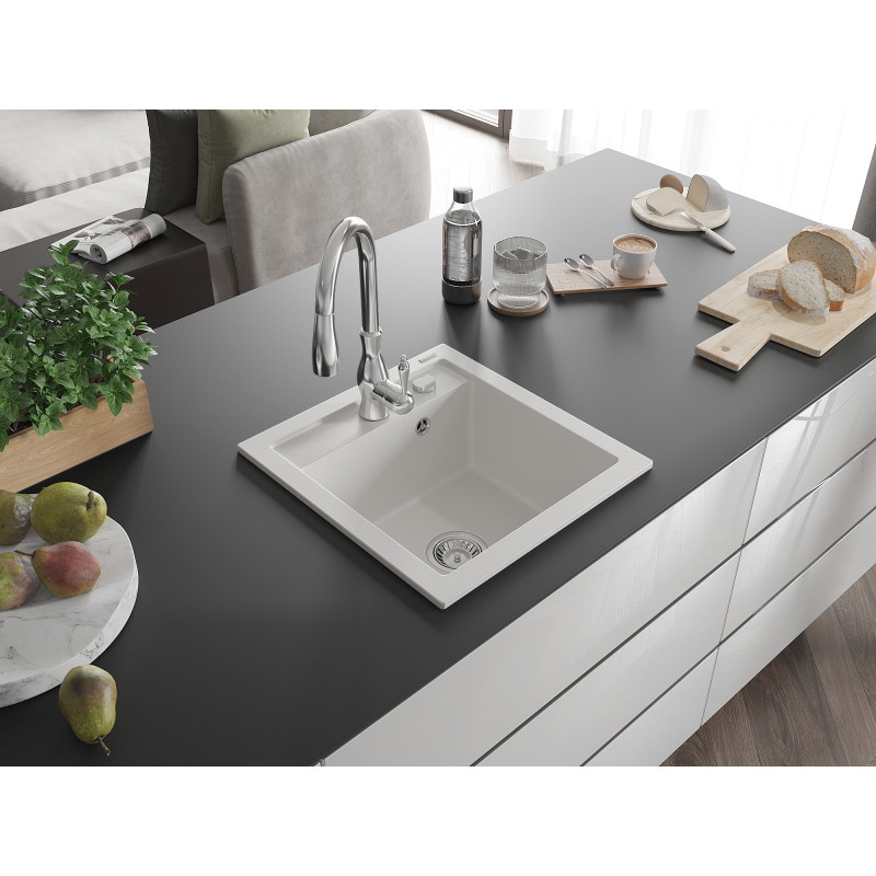Mexen Vito 1-bowl granite sink with Savita kitchen faucet, white - 6503-20-672601-00