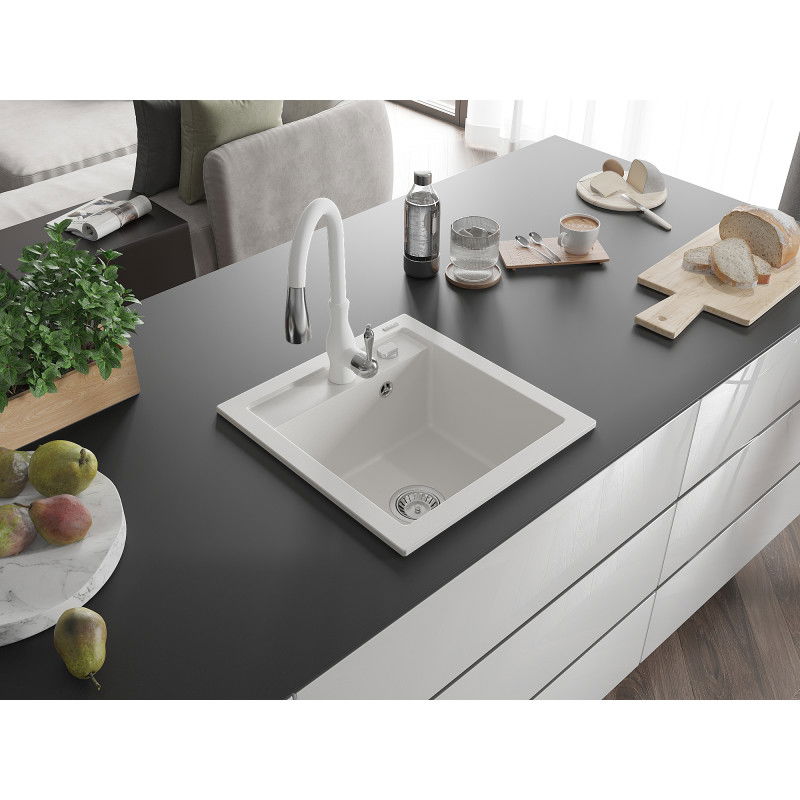 Mexen Vito 1-bowl granite sink with Savita kitchen tap, white - 6503-20-672601-20