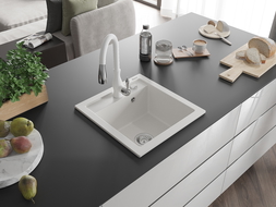 Mexen Vito 1-bowl granite sink with Savita kitchen tap, white - 6503-20-672601-20