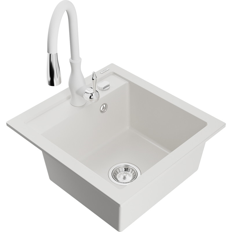 Mexen Vito 1-bowl granite sink with Savita kitchen faucet, white - 6503-20-672601-20