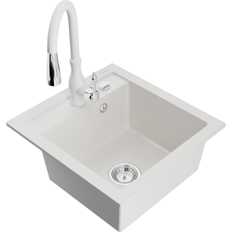 Mexen Vito 1-bowl granite sink with Savita kitchen tap, white - 6503-20-672601-20