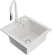 Mexen Vito 1-bowl granite sink with Savita kitchen tap, white - 6503-20-672601-20