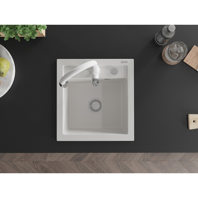 Mexen Vito 1-bowl granite sink with Savita kitchen faucet, white - 6503-20-672601-20