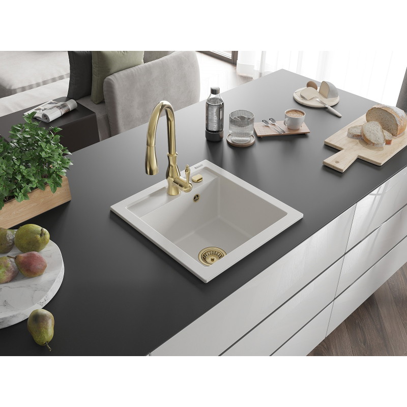 Mexen Vito 1-bowl granite kitchen sink with Savita faucet, white - 6503-20-672601-50